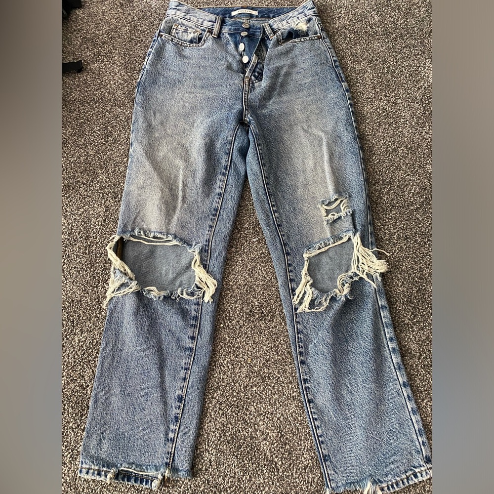 PacSun Blue Straight Leg Jeans with Distressed Details